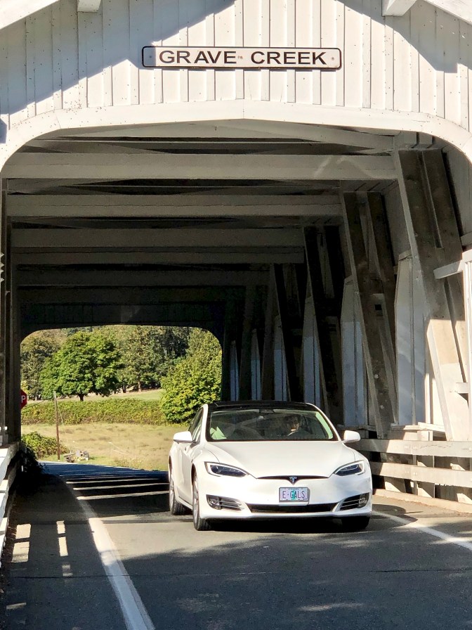 Tesla on covered bridge